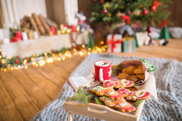 Wooden tray with christmas cookies and hot chocolate in cup on grey carpet